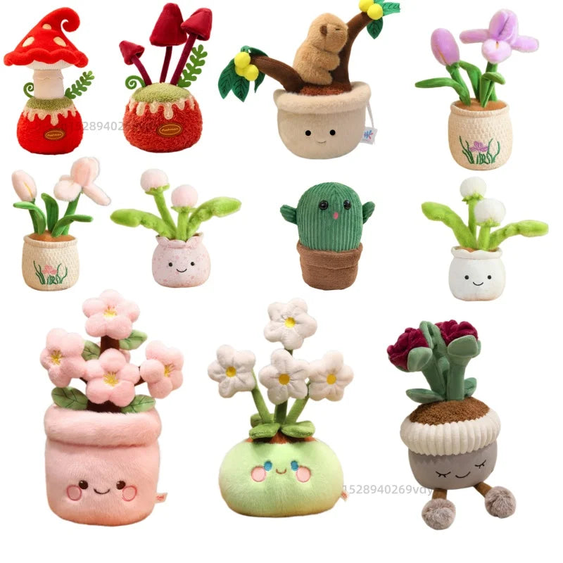Artificial Potted Green Plants Plush Toys andelion Narcissus Mushroom Cactus Peach Blossom Cartoon Girls Boys Birthday Gift Deco